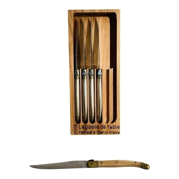 RARE VNTG LAGUIOLE Jean Dubost STEAK KNIFE 5x Stainless Steel Gold Plated Knives - Picture 3 of 5